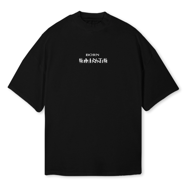 BORNFRONTLOGOSAINTS Black Oversized Mock Neck Tee.