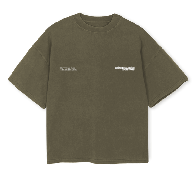 CREMEDUNE Vintage Olive Oversized Boxy Tee.
