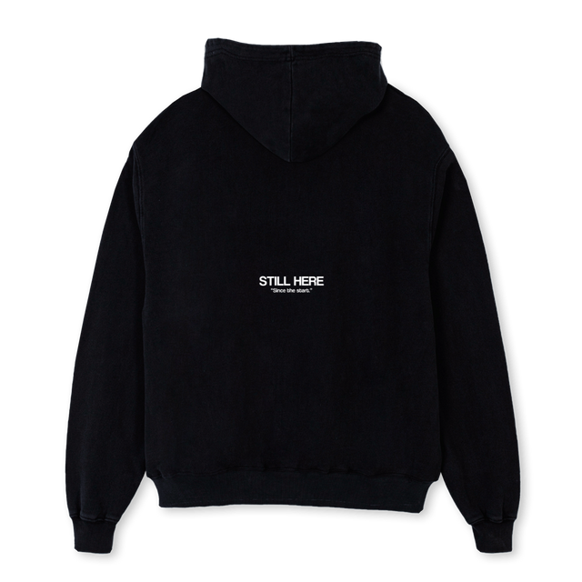 STILL HERE Black Oversized Zipped Hoodie.