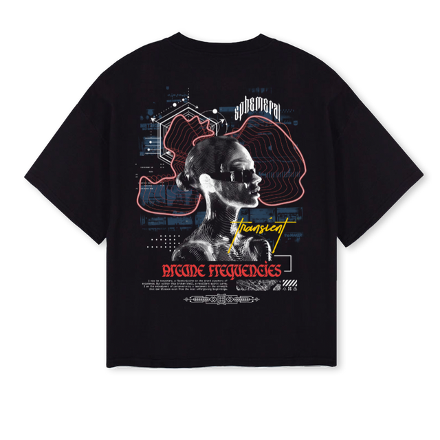 ARCANE FREQ Black Oversized Boxy Tee.