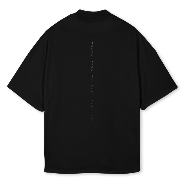 CRUCIFIGI PRETO Black Oversized Mock Neck Tee.