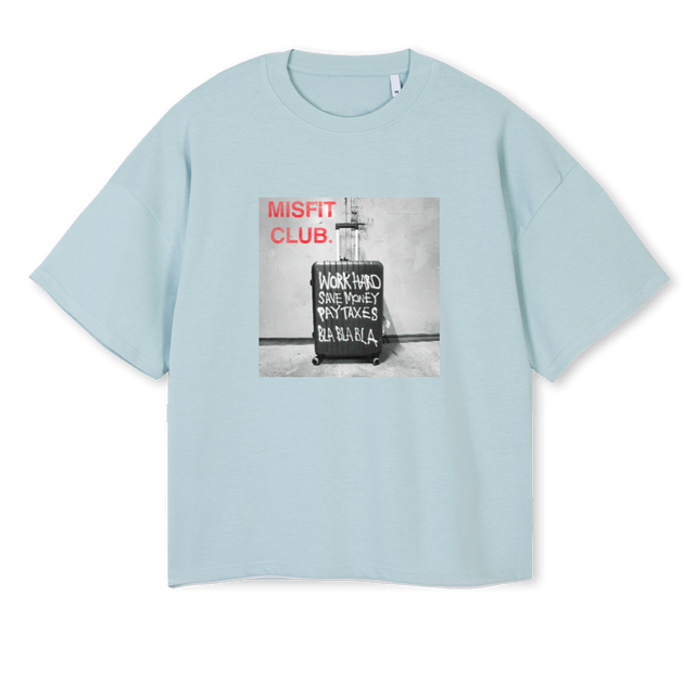 WORKHARDPAYTAXES Cold Blue Oversized Boxy Tee.