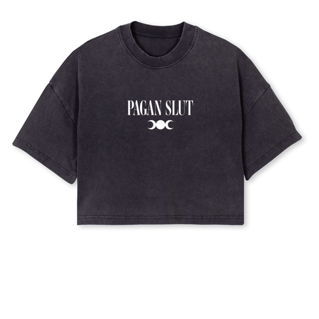PAGAN SLUT HECATE Vintage Black Cropped Oversized Tee.