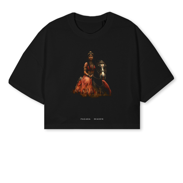 VELU NACHIYAR Black Cropped Oversized Tee.