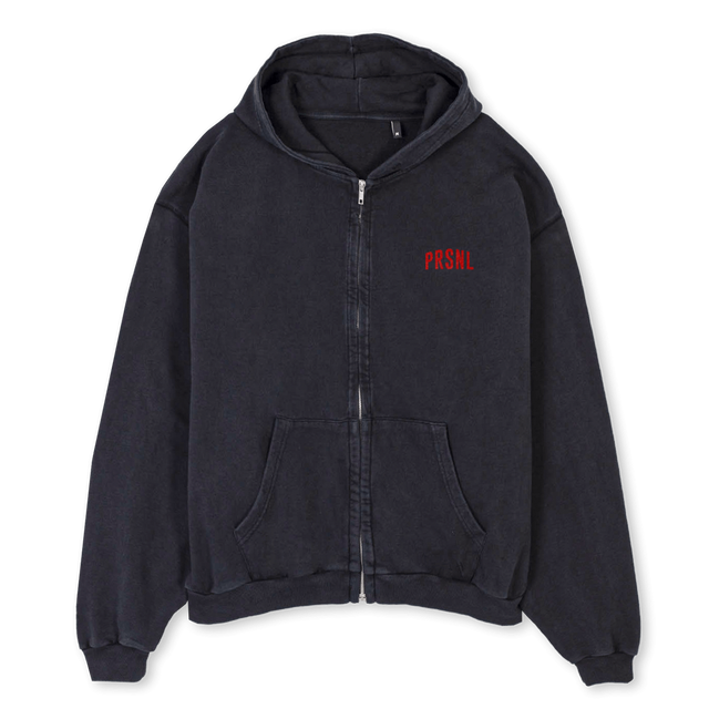 PRSNLZIPREDLOGGO Vintage Black Oversized Zipped Hoodie.
