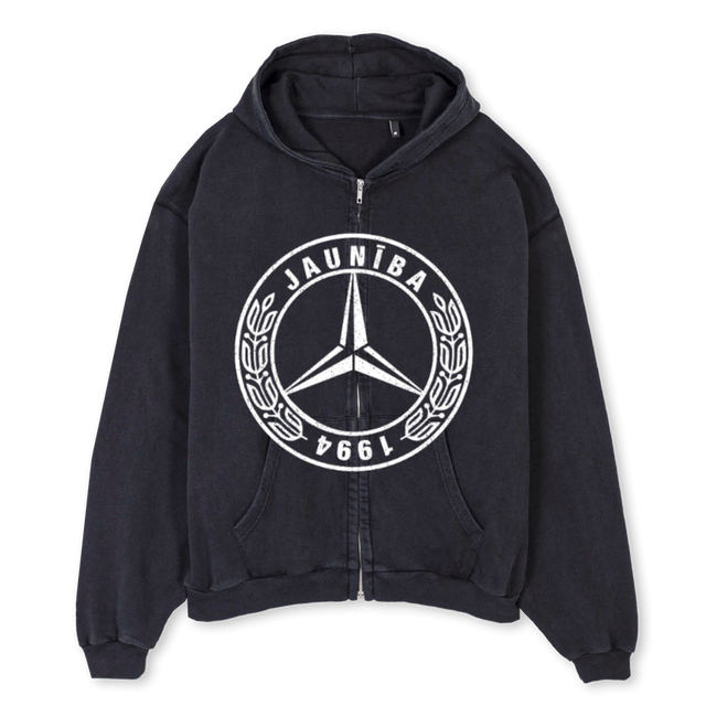 JAUNĪBENZ Vintage Black Oversized Zipped Hoodie.