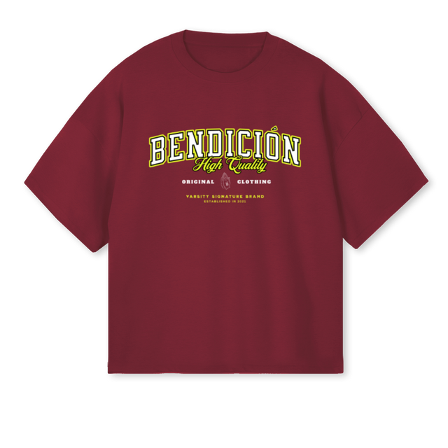 BENDICION VARSITY Burgundy Oversized Boxy Tee.