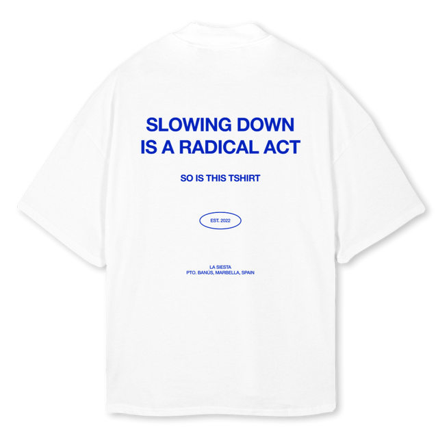 SLOWINGDOWNHIGHNECK White Oversized Mock Neck Tee.
