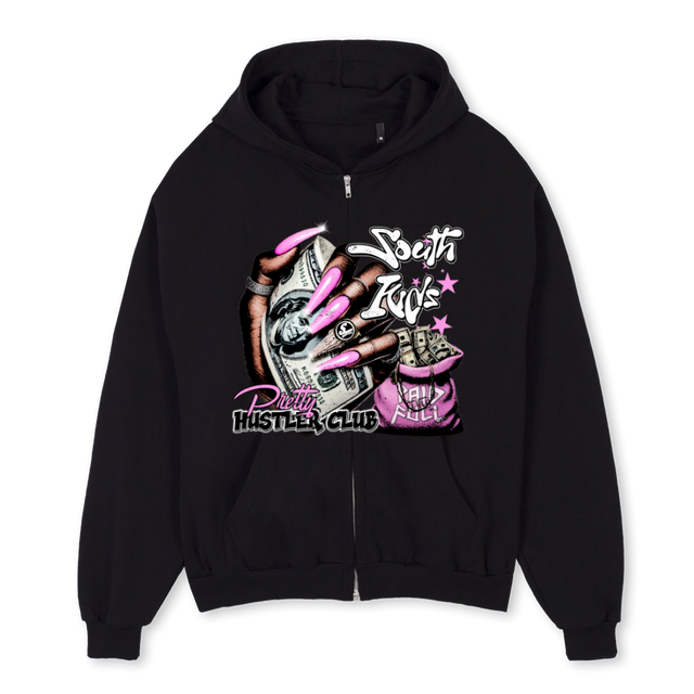 PRETTYHUSTLERCLUBZIP Black Oversized Zipped Hoodie.