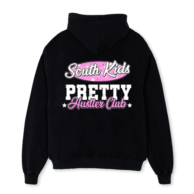 PRETTYHUSTLERCLUBZIP Black Oversized Zipped Hoodie.