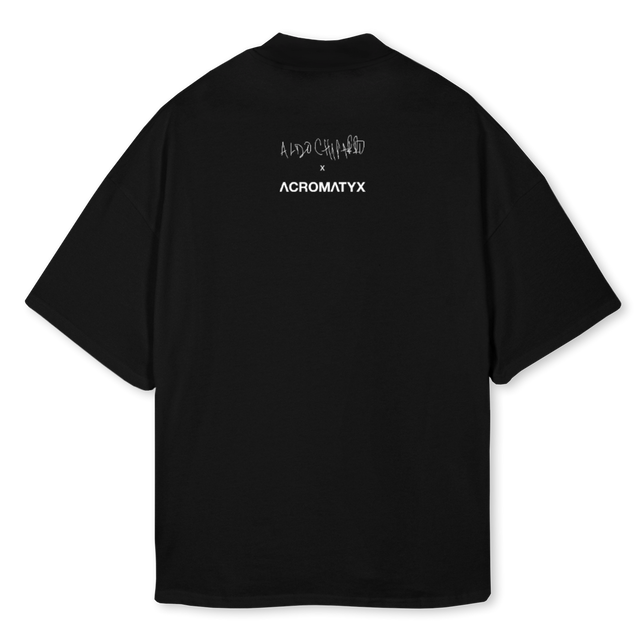 ACROMATYXXALDO Black Oversized Mock Neck Tee.