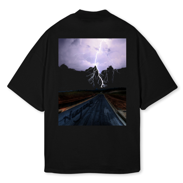 CLOUDSANDTHUNDER Black Oversized Mock Neck Tee.