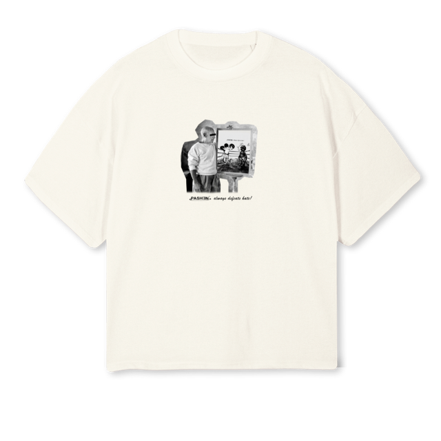 PASHEN DEFEATS EVIL Cream Oversized Boxy Tee.