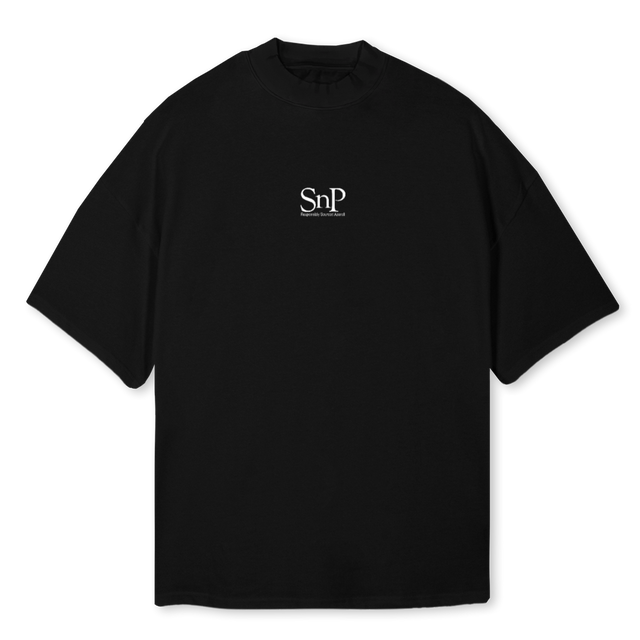 PERMDAMBLCK Black Oversized Mock Neck Tee.