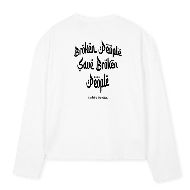 BRKN PPL SAVE  White Oversized Boxy LS Tee.