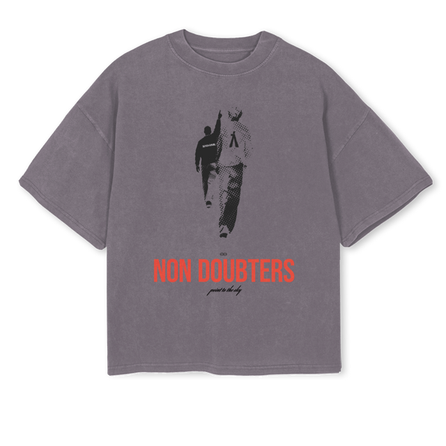 NON DOUBTERS FRONTT Pigment Grey Oversized Boxy Tee.