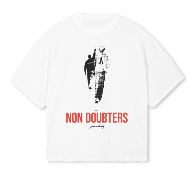NON DOUBTERS FRONT White Oversized Boxy Tee.