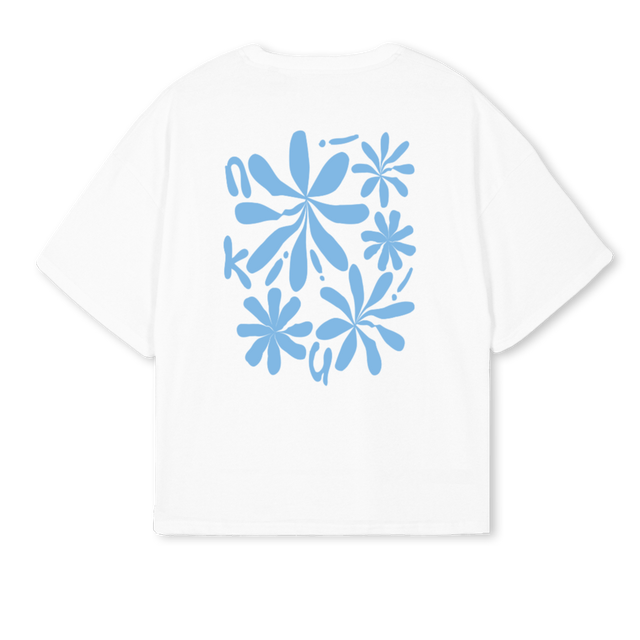 WHTBLUEFLOWER White Oversized Boxy Tee.