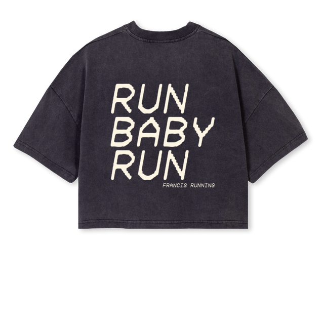 RUNBABYRUNWMNS Vintage Black Cropped Oversized Tee.