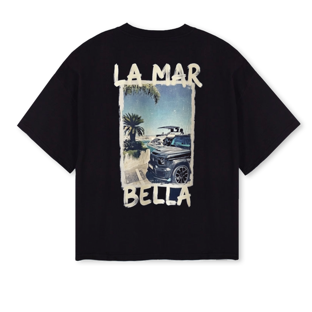 EL PUERTO TURQUOISE Black Oversized Boxy Tee.