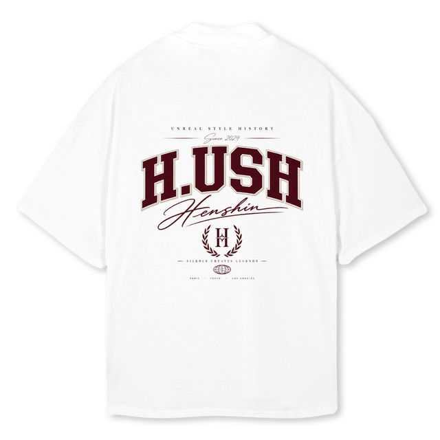HUSH DYNASTY White Oversized Mock Neck Tee.