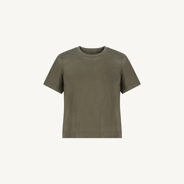 Vintage Olive Women’s Clean Cut Tee Mockups.