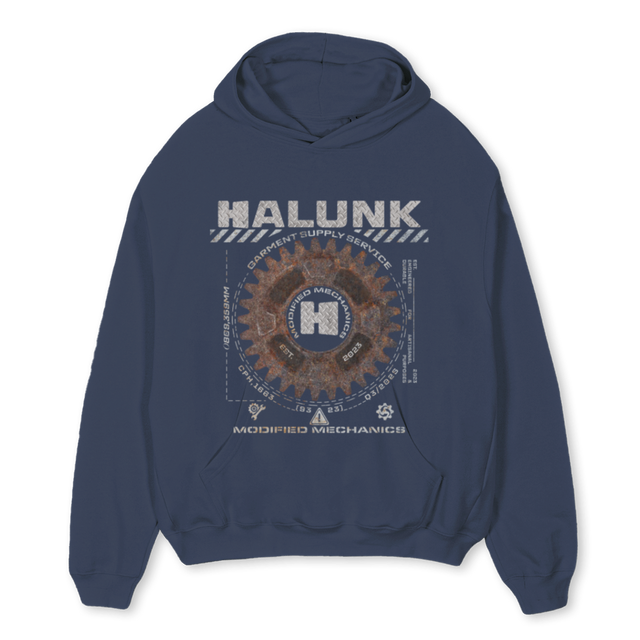 HALUNK RUSTY GEAR Navy Blue Oversized Hoodie.