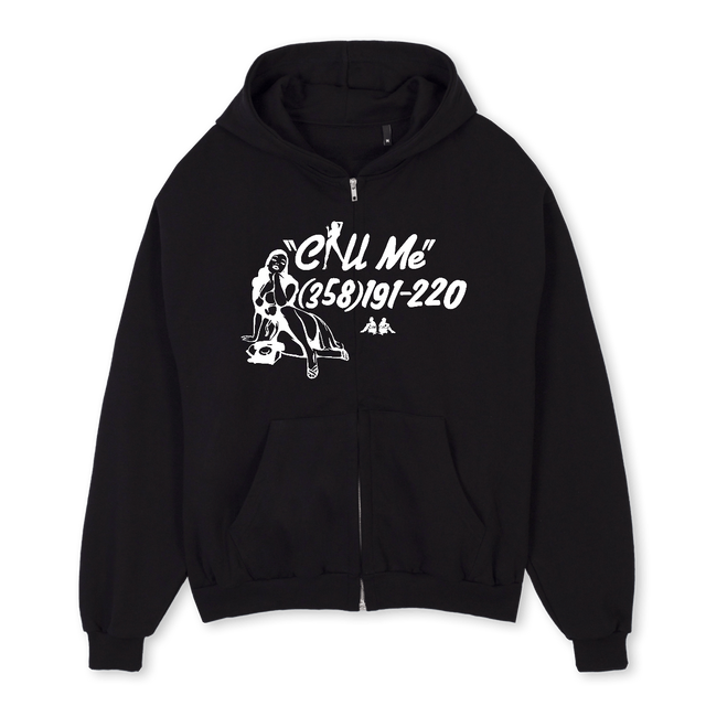 CALL ME Black Oversized Zipped Hoodie.