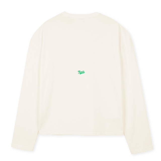 SANTATWOLONGLESEEVE_GREEN Vintage White Oversized Boxy LS Tee.