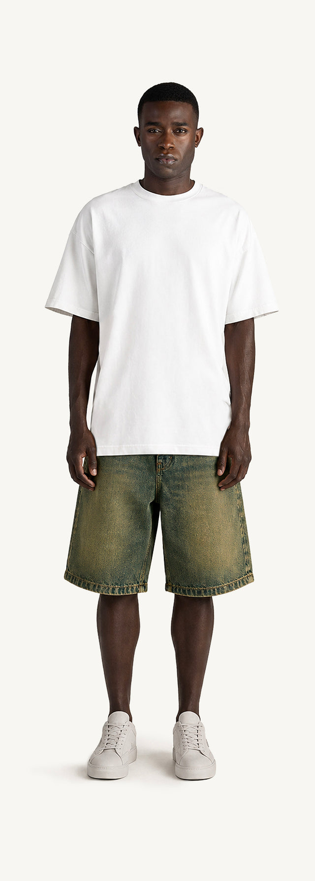 Faded Burn Light Blue Loose Fit Denim Shorts.