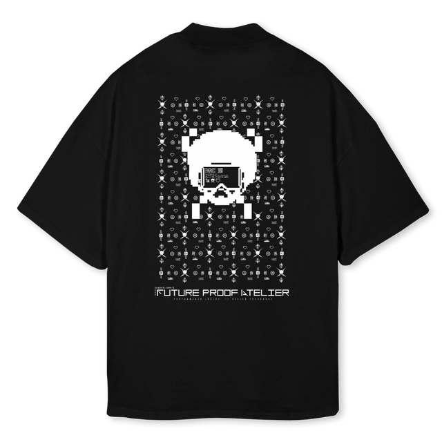 ALIEN PATTERN MCE Black Oversized Mock Neck Tee.