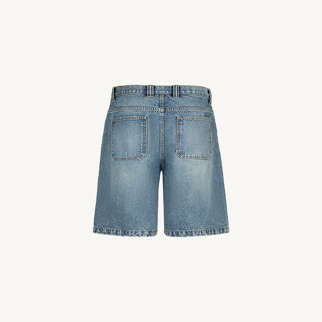 Faded Mid Blue Loose Fit Denim Shorts.