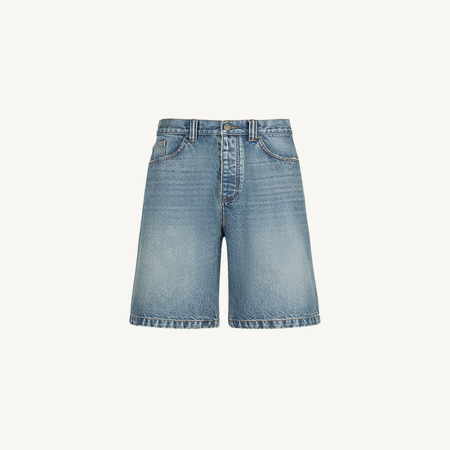 Faded Mid Blue Loose Fit Denim Shorts Mockups.