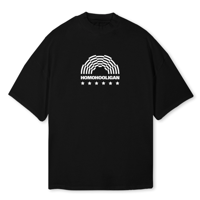 HOMOHOOLIGAN SAMPL Black Oversized Mock Neck Tee.
