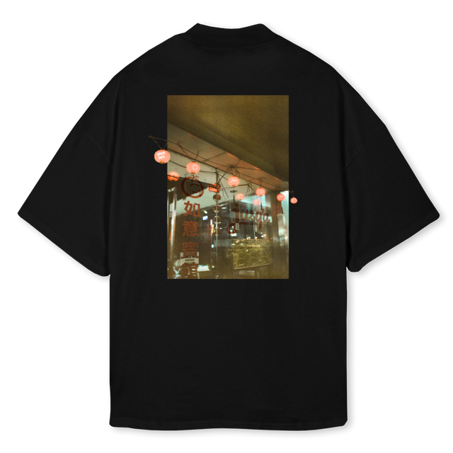 CHINATOWN Black Oversized Mock Neck Tee.