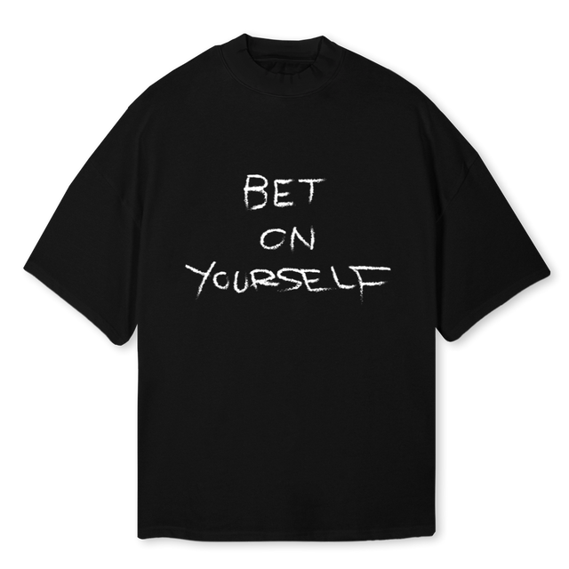 BETONYOURSELFMOCKNEC Black Oversized Mock Neck Tee.