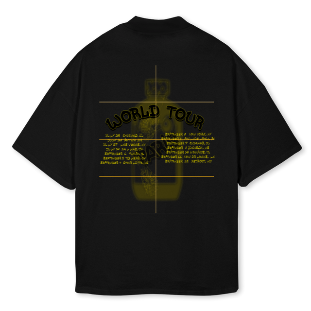 WRLDTOURTYELOOWW Black Oversized Mock Neck Tee.