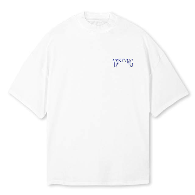 YXN VNGEL White Oversized Mock Neck Tee.