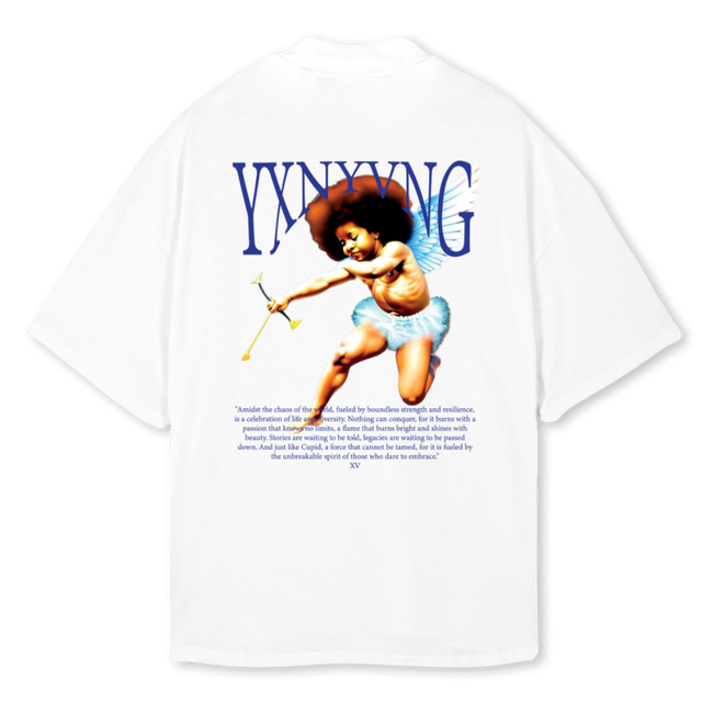 YXN VNGEL White Oversized Mock Neck Tee.
