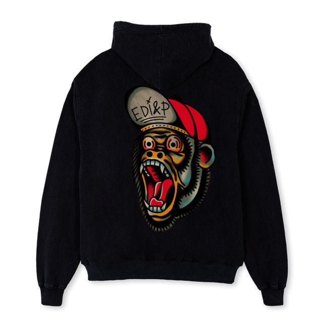 LOGOFRONTMONKEYBACK Black Oversized Hoodie.