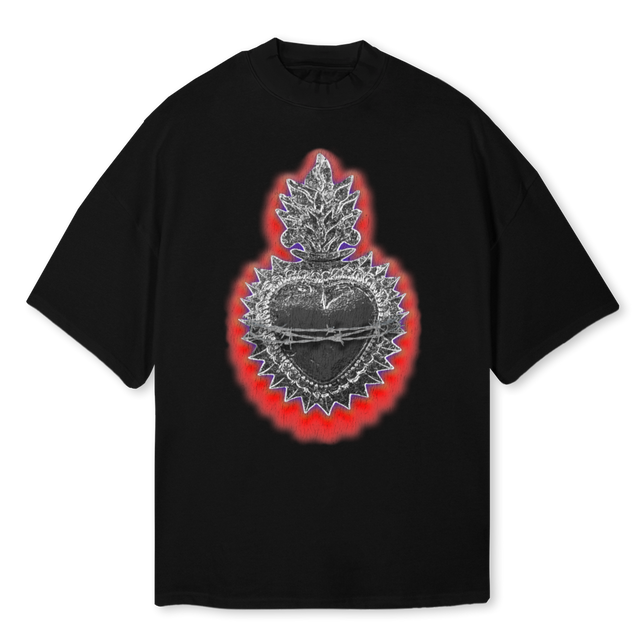 FIXEDCHROMEHEART Black Oversized Mock Neck Tee.