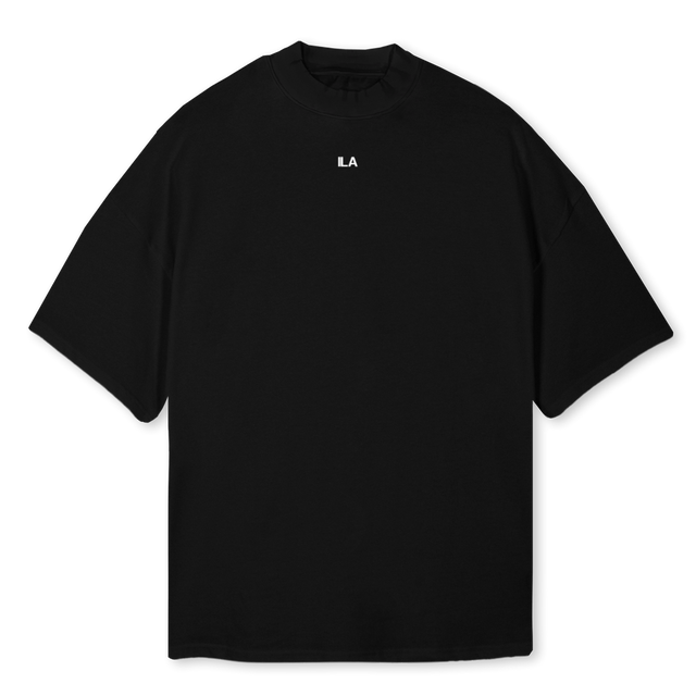 LOVEFOREVERMOCK Black Oversized Mock Neck Tee.