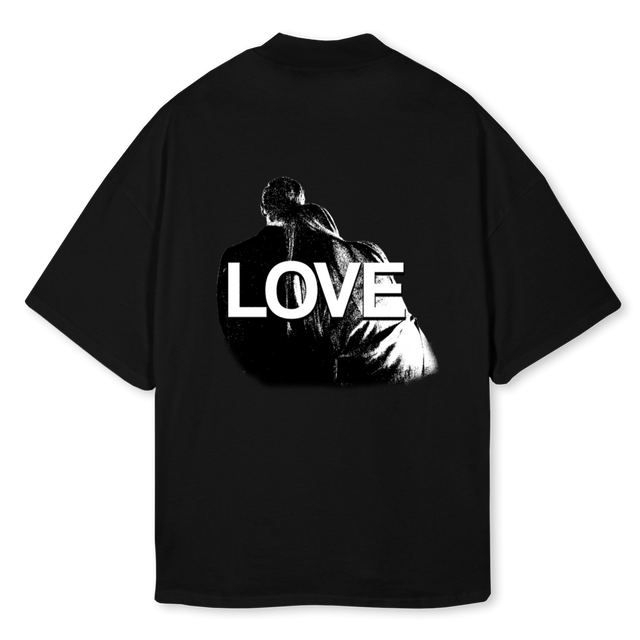 LOVEFOREVERMOCK Black Oversized Mock Neck Tee.
