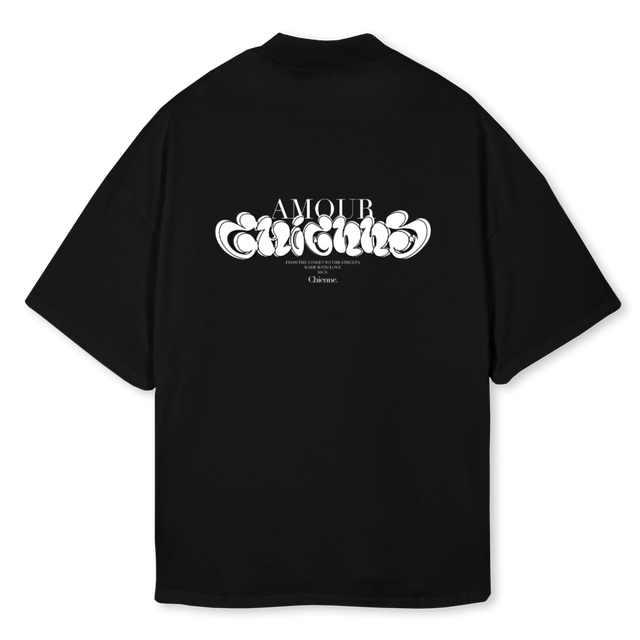 AMOURCHIENNEMOCKNECK Black Oversized Mock Neck Tee.