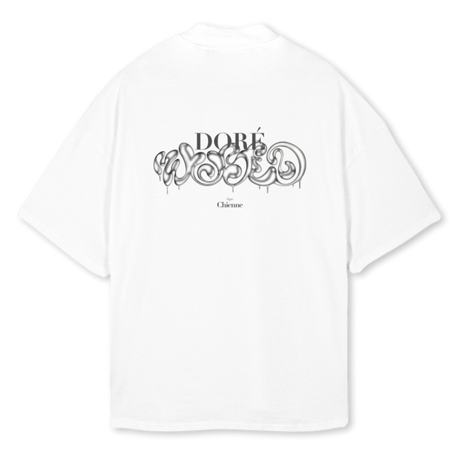 DOREWORLDMOCKNECK White Oversized Mock Neck Tee.