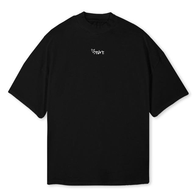 WORKBEATSTALENT Black Oversized Mock Neck Tee.