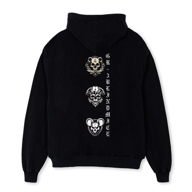 THREEBLINDMICEHOOD Black Oversized Zipped Hoodie.