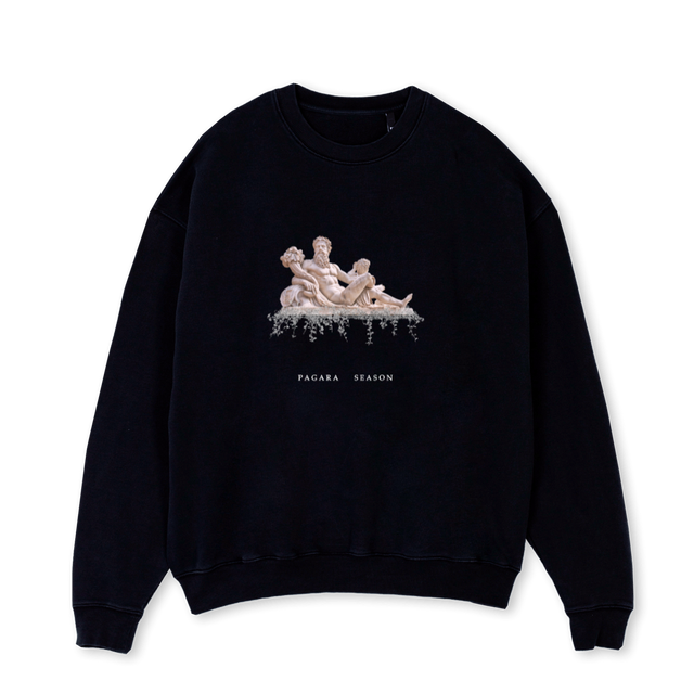 AGEDSTONEZEUS Black Oversized Crewneck Sweater.