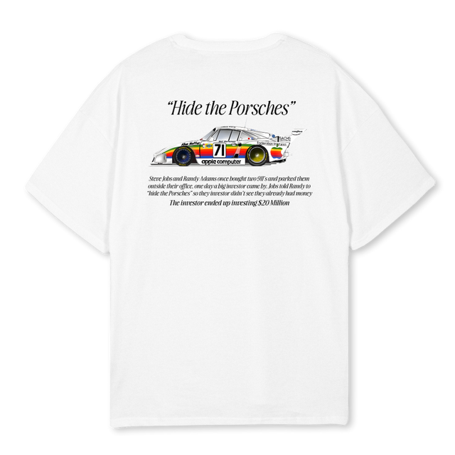 HIDETHEPORSCHES White Oversized Tee.