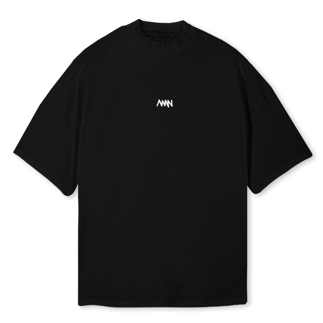 JADEPEARLBLACKZIG Black Oversized Mock Neck Tee.
